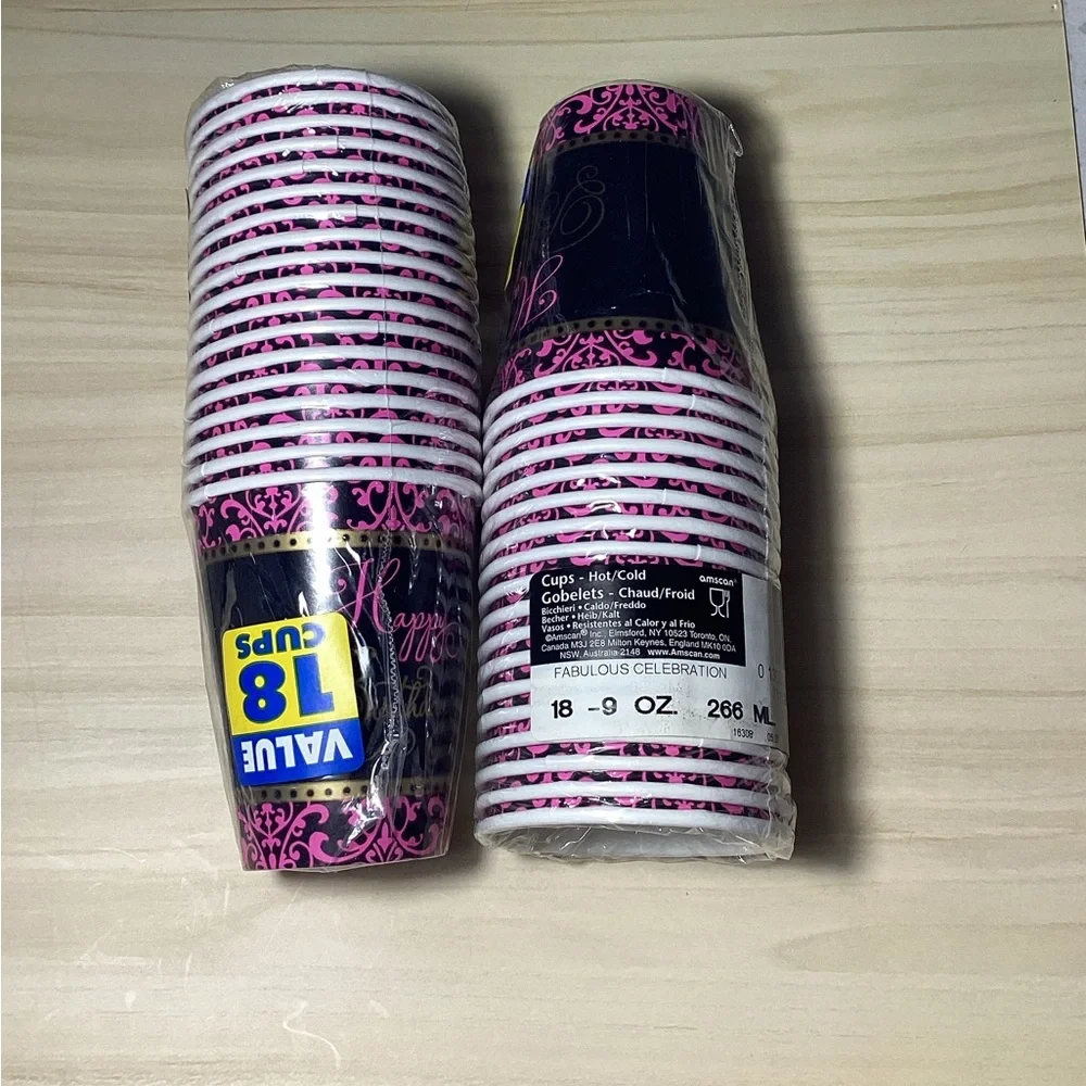 Black and Pink Happy Birthday Plates, Napkins, and Cups Set